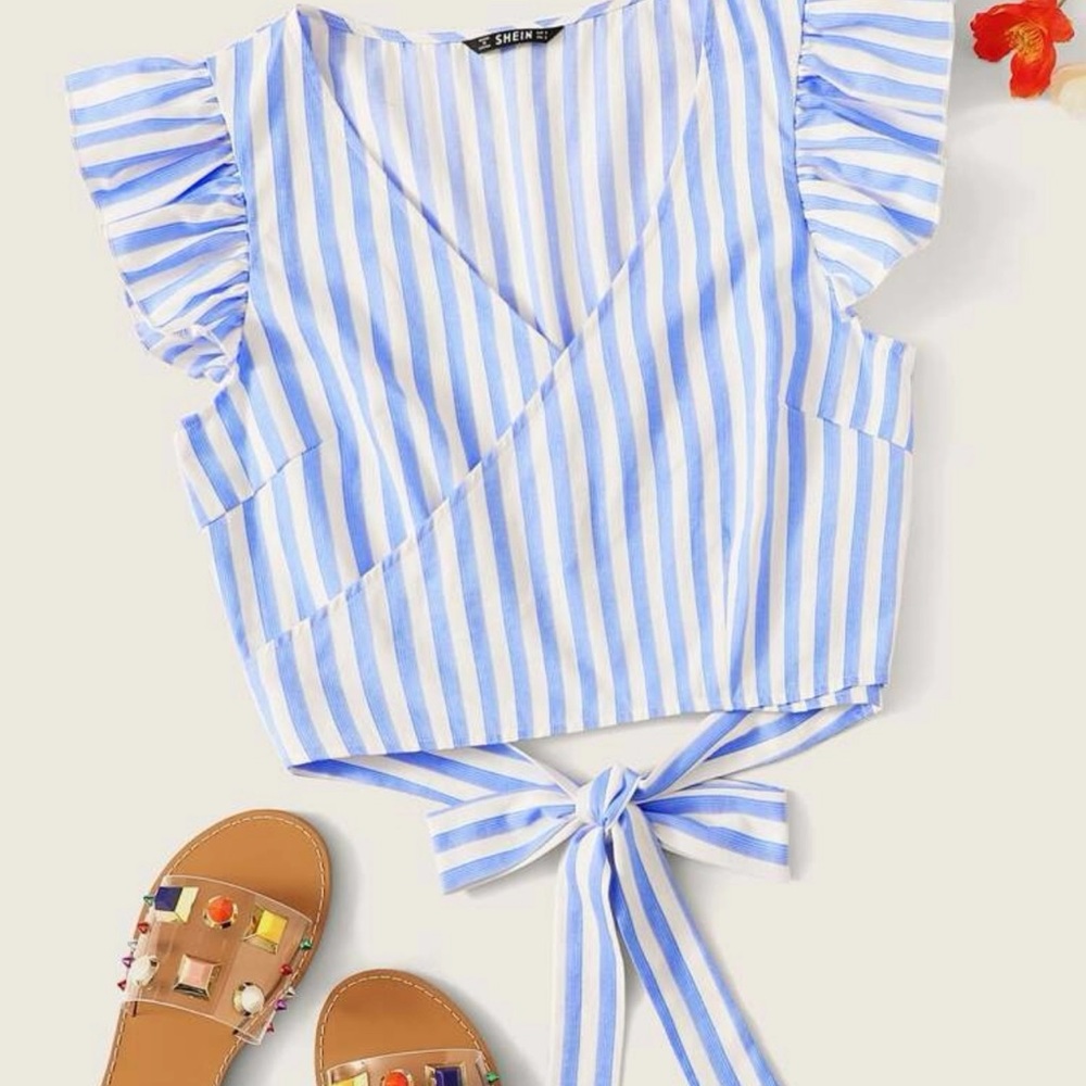Light baby blue striped SHEIN ruffle armhole knot back crop top
